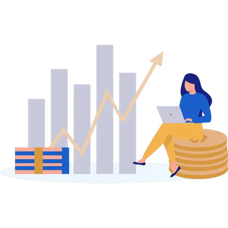 Girl Working On Laptop On Business Graph Illustration