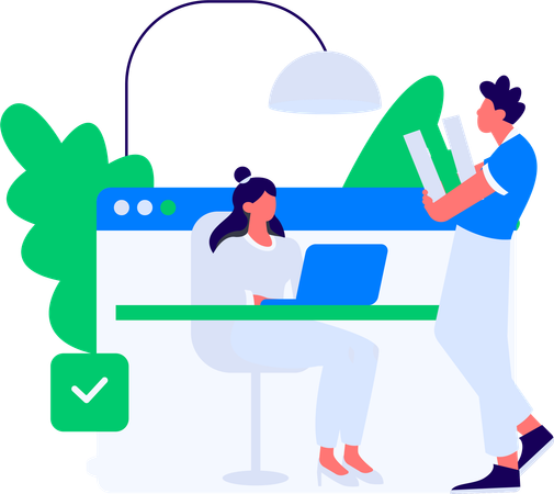 Girl working on laptop to making business report while man holding files  Illustration