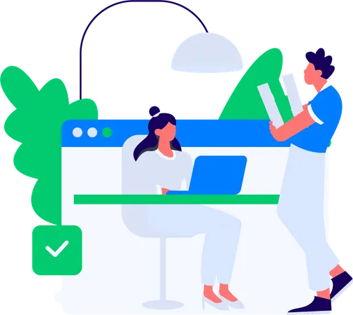 Girl working on laptop to making business report while man holding files  Illustration