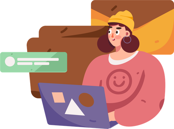 Girl working on laptop while checking mail  Illustration