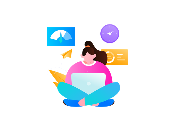 Girl working on laptop while doing business analytic chart  Illustration