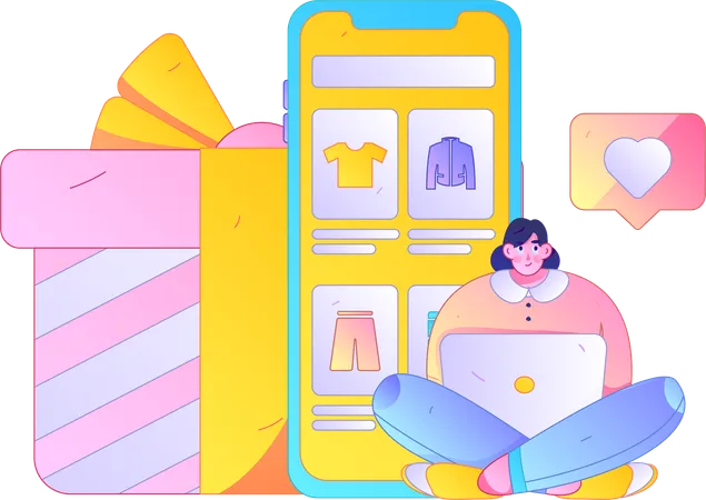 Girl working on laptop while doing virtual shopping  Illustration