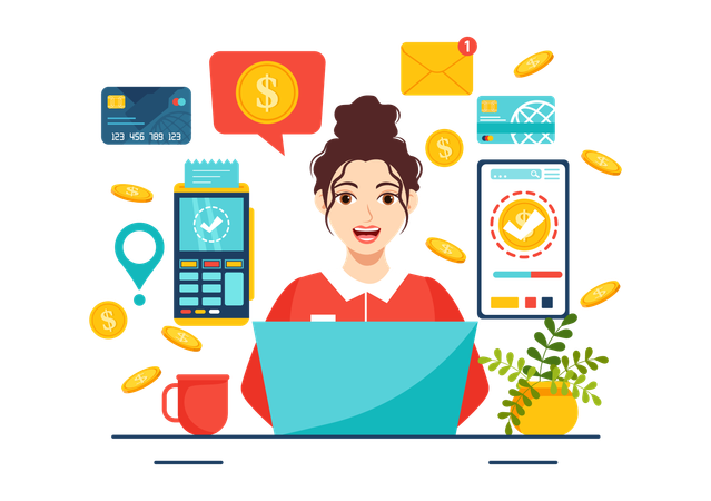 Girl working on laptop while earning money  Illustration