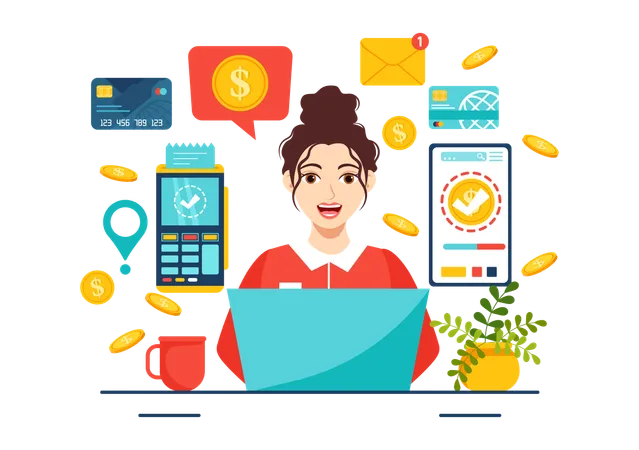 Girl working on laptop while earning money  Illustration