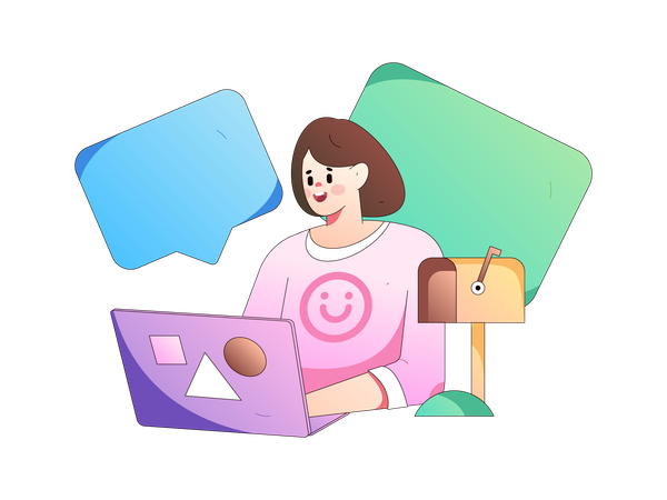 Girl working on laptop while getting mail  Illustration