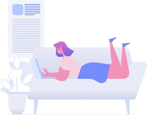 Girl working on laptop while lying on couch  Illustration