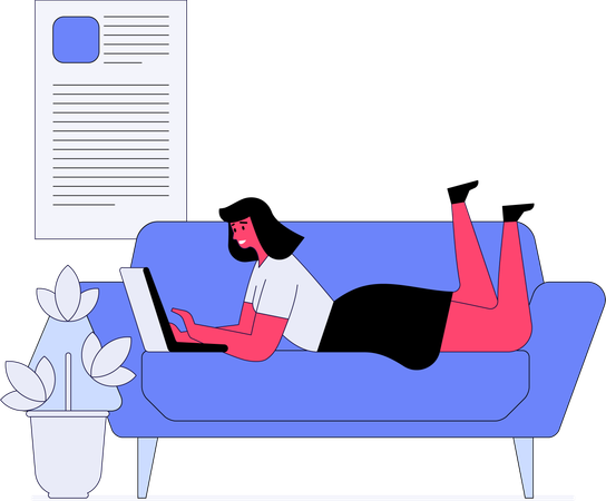 Girl working on laptop while lying on couch  Illustration