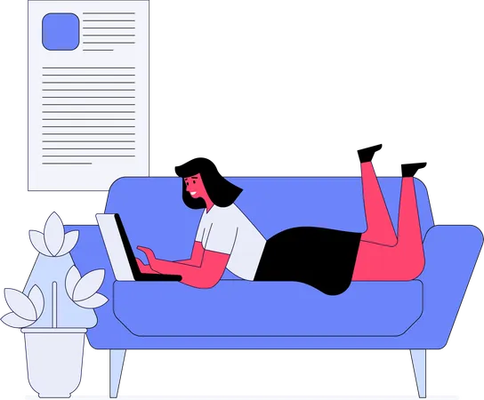 Girl working on laptop while lying on couch  Illustration