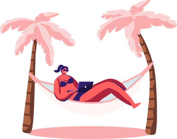 Girl working on laptop while lying on hammock  Illustration