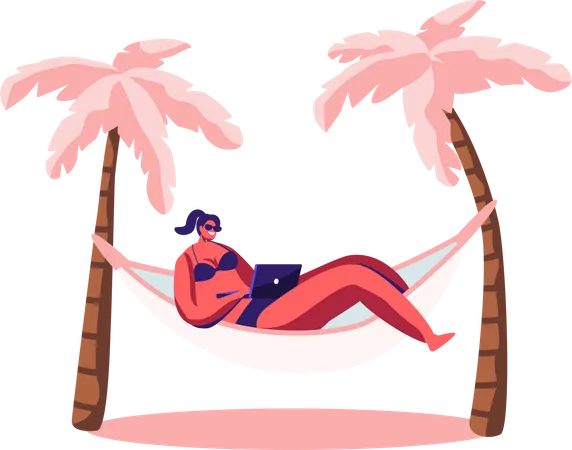 Girl working on laptop while lying on hammock  Illustration