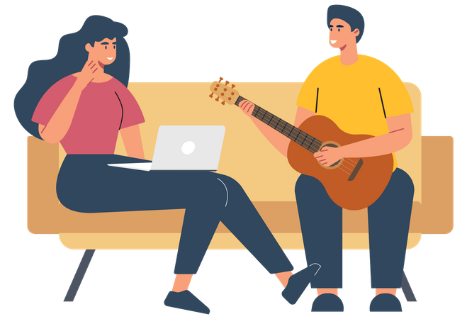 Girl working on laptop while man playing guitar  Illustration