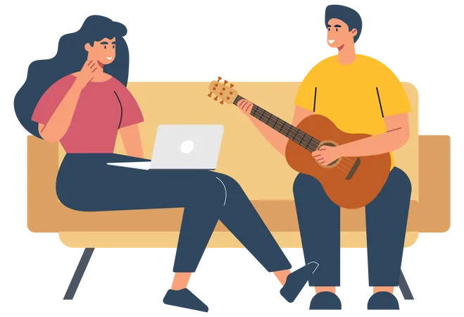 Girl working on laptop while man playing guitar  Illustration