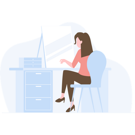 Girl working on laptop while sitting on office desk  Illustration