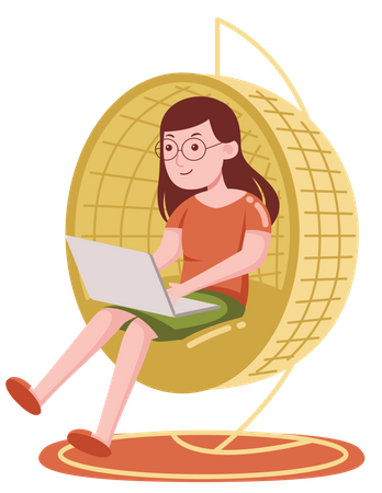 Girl working on laptop while sitting on couch Illustration