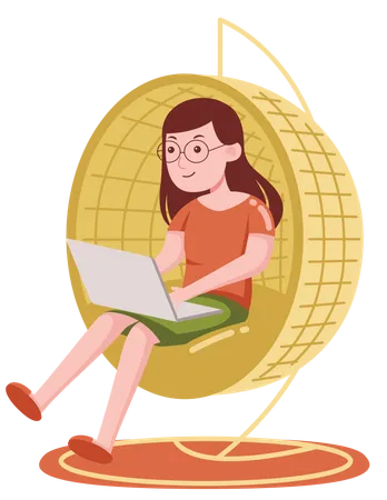 Girl working on laptop while sitting on couch  Illustration