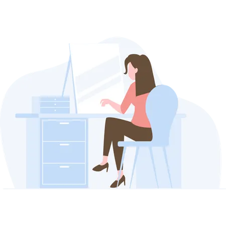 Girl working on laptop while sitting on office desk Illustration