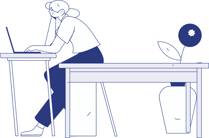 Girl working on laptop while thinking about work  Illustration