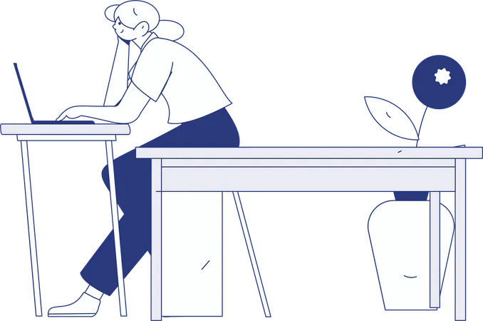 Girl working on laptop while thinking about work  Illustration