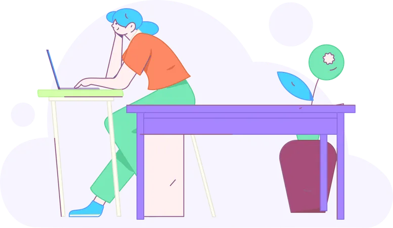 Girl working on laptop while thinking about work  Illustration