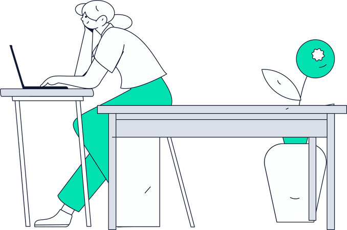 Girl working on laptop while thinking about work  Illustration