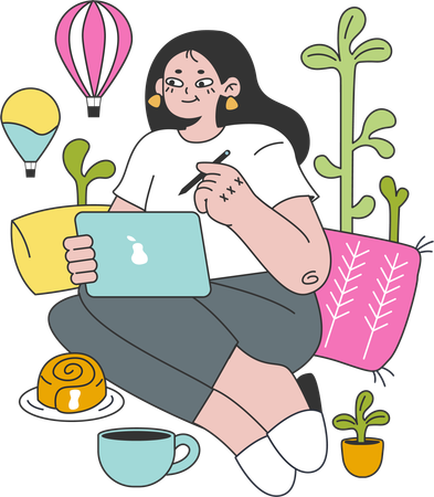 Girl working on laptop while travelling  Illustration