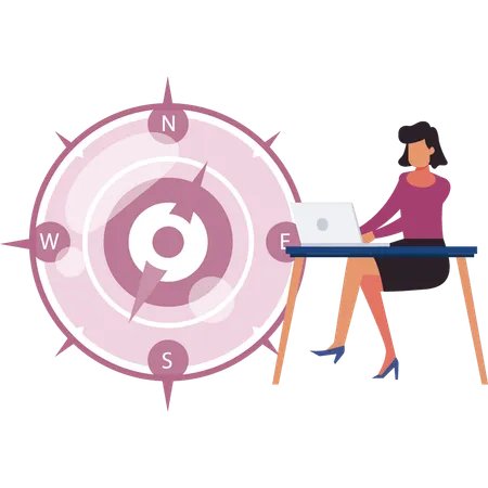 Girl working on laptop with compass  Illustration