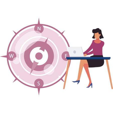 Girl working on laptop with compass  Illustration