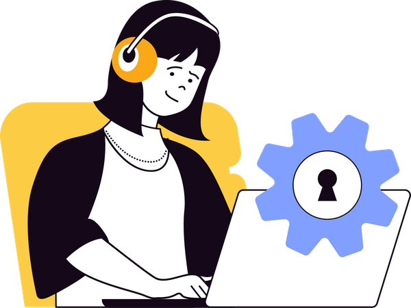 Girl working on laptop with security setting  Illustration