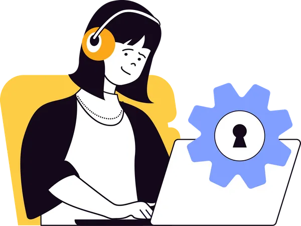 Girl working on laptop with security setting  Illustration