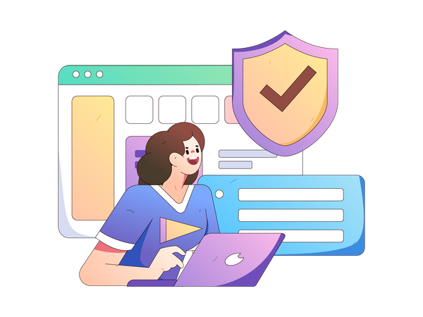 Girl working on laptop with system security  Illustration