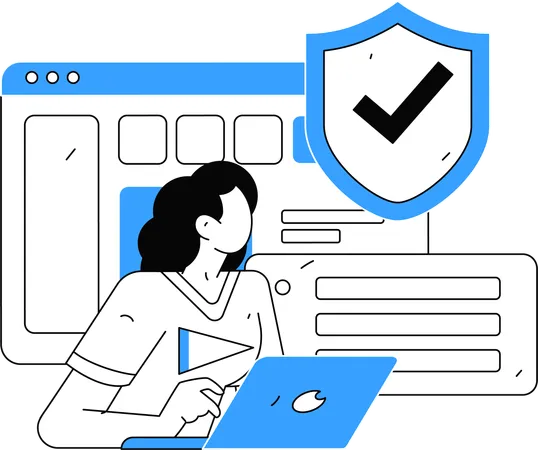 Girl working on laptop with system security  Illustration