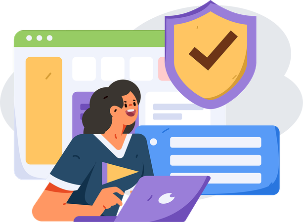 Girl working on laptop with system security  Illustration