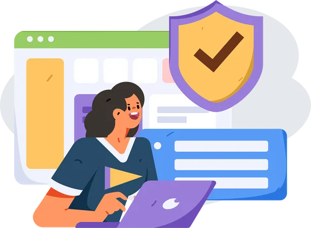 Girl working on laptop with system security  Illustration