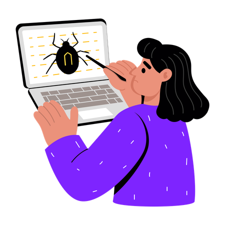 Girl working on malware bug  Illustration