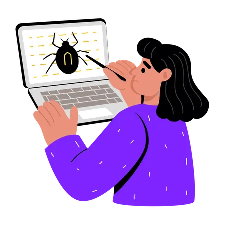 Girl working on malware bug  Illustration