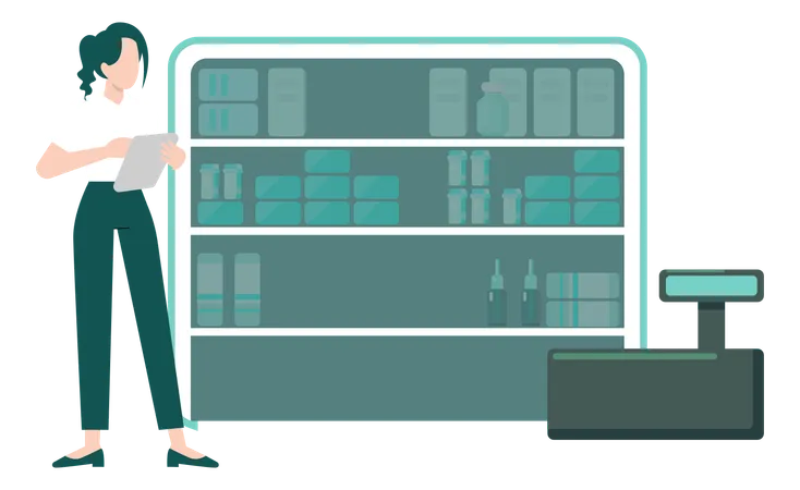 Girl Working On Medicines In Pharmacy  Illustration