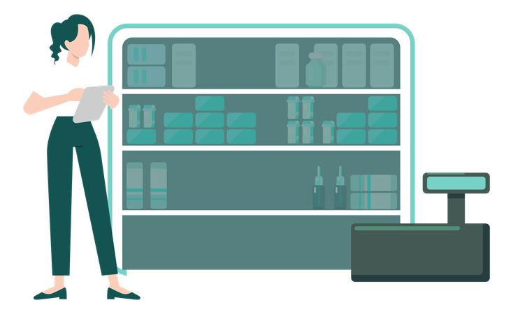 Girl Working On Medicines In Pharmacy  Illustration