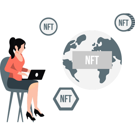 Girl working on NFT coins all over the world  Illustration