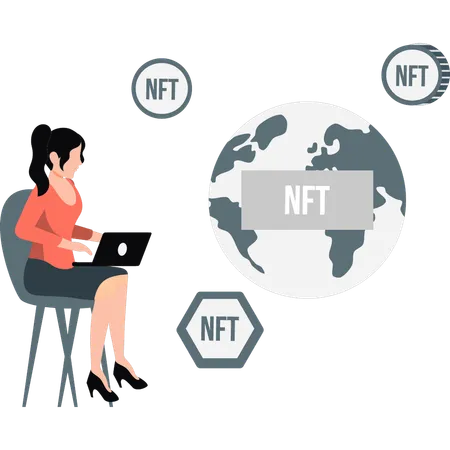 Girl working on NFT coins all over the world  Illustration