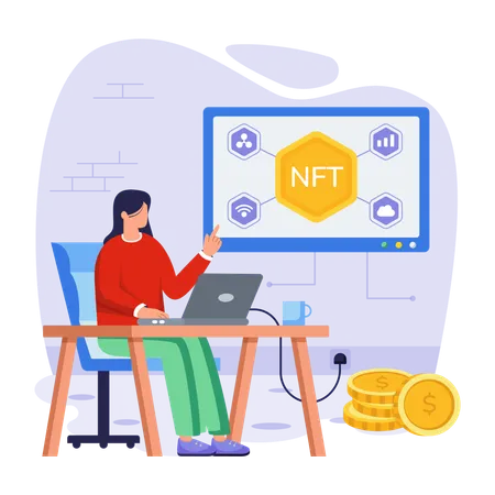 Girl working on NFT Network  Illustration