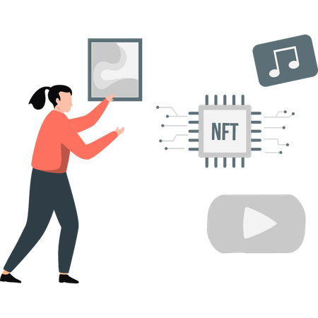 NFT 토큰을 작업하는 소녀  일러스트레이션