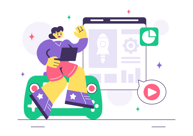 Girl working on online game development  Illustration
