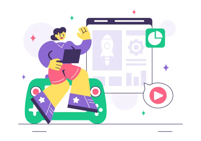 Girl working on online game development  Illustration