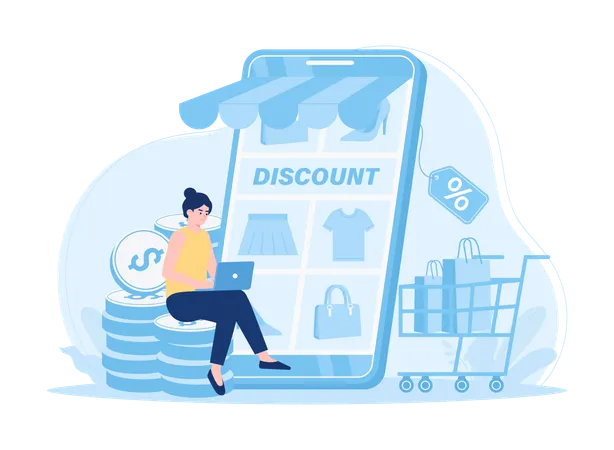 Girl working on online shopping sale  Illustration