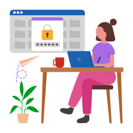 Girl working on Password protection  Illustration