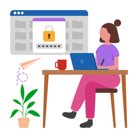Girl working on Password protection  Illustration