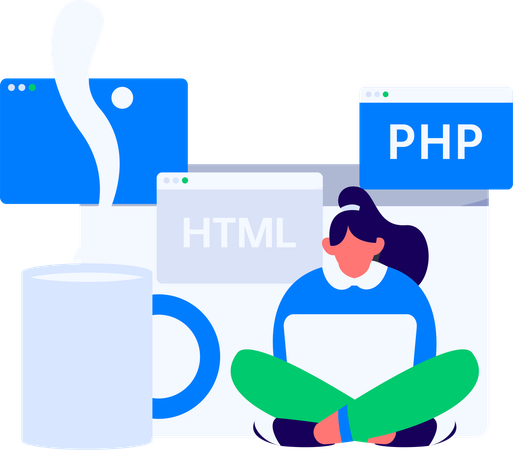 PHP 코딩을 하는 소녀  일러스트레이션