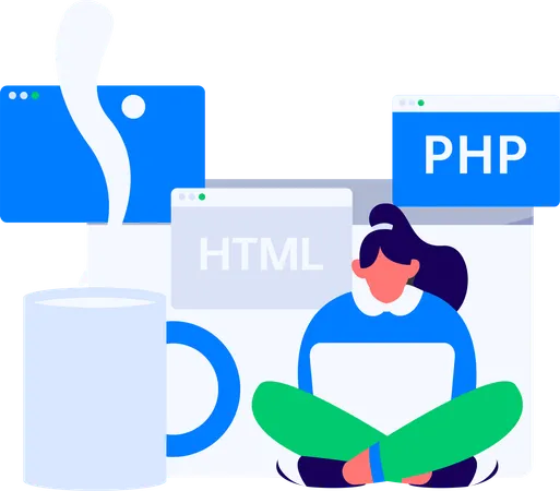 PHP 코딩을 하는 소녀  일러스트레이션