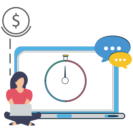 Girl working on Productivity Timer and Laptop  Illustration