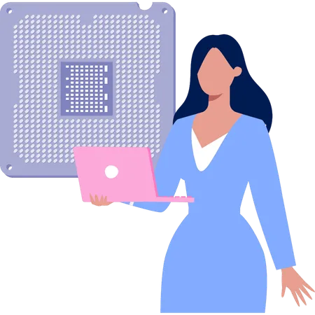 Girl working on render microchip on laptop  Illustration